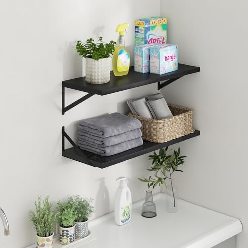 Axeman Deep Floating Shelves - 30 Inch Black Floating Shelves Set of 2-12 Inch Deep Wood Wall Shelves for Living Room Ba