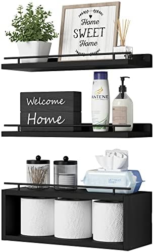 WOPITUES Floating Shelves for Wall with Cube Shelf, Wall Shelves with Metal Rail for Bathroom Decor, Bathroom Organizers