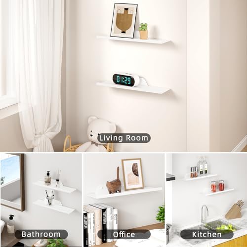Floating Shelves for Wall, Off Center Metal Shelves for Living Room, White Floating Shelves for Wall Decor, 12” Hanging 