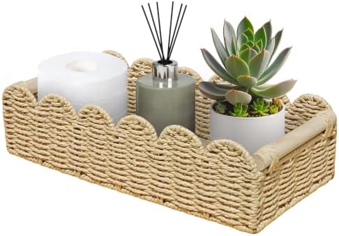 Upgraded L Scalloped Wicker Basket with Wood Handle