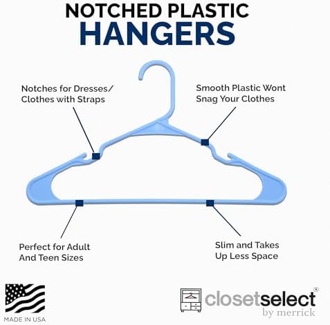 Closetselect Plastic Hangers 50 Pack - Space Saving Clothes Hangers, Made in USA, Durable & Strong Plastic Shirt & Coat Hanger with Notches & Shoulder Grooves, Non-Slip Clothing Hangers | Victory Blue