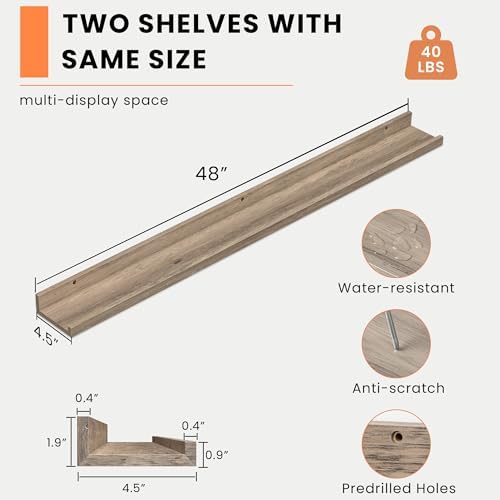 Heimlove Picture Ledge Shelf, Floating Shelves Set of 2, 47.24Inches Picture Shelf for Wall with Ledge, Kids Bookshelf Wall Mounted for Living Room Bedroom Decor Books Photo Frames - Gray