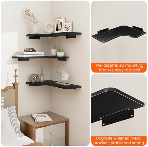 Homode Corner Shelves Wall Mounted, Set of 3 Floating Corner Shelves with Cord Hole, 3 Tier Wooden Hanging Display Shelf