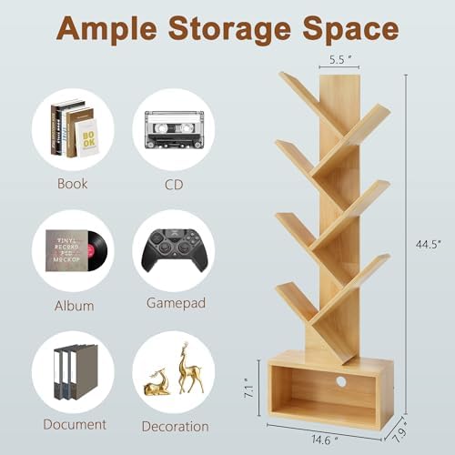Hoctieon 6 Tier Tree Bookshelf, Tall Bookcase with Drawer, Freestanding Book Shelf, Display Floor Standing Storage Shelf