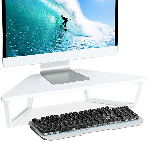TEAMIX 26 inch White Triangle Monitor Stand Riser, Desktop Corner Shelf with Metal Leg Wood Computer Stand with Storage 