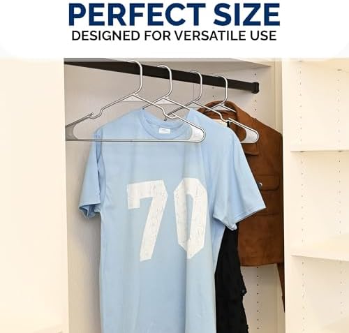 Closetselect Plastic Hangers 50 Pack - Space Saving Clothes Hangers, Made in USA, Durable & Strong Plastic Shirt & Coat Hanger with Notches & Shoulder Grooves, Non-Slip Clothing Hangers | Silver Hail