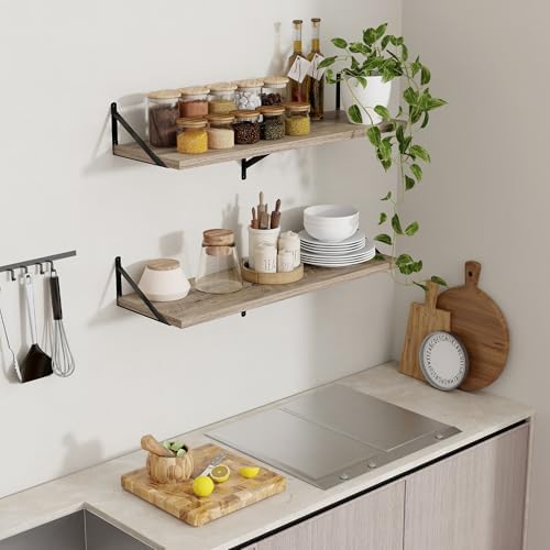 Axeman 12 Inch Deep Floating Shelves for Wall - 36 Inch Wide x 12 Inch Deep Wall Shelves Set of 2 - Rustic Grey Wood Flo
