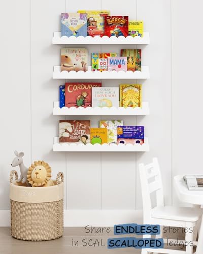 White Scalloped Nursery Floating Shelves for Wall, Scallop Kids Book Shelf