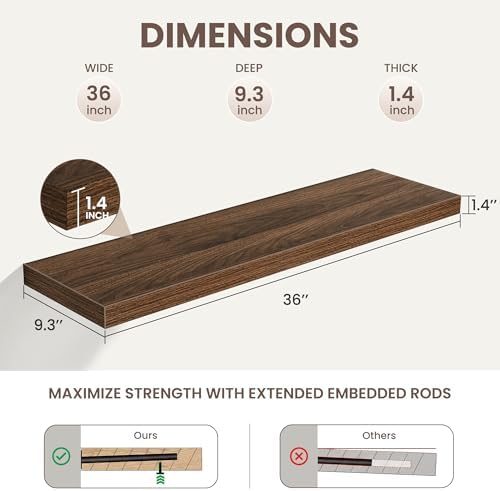 36 Inch Black Floating Shelves for Wall,9.3" Deep Long Floating Shelf Set of 2,Wood Wall Mounted Shelves Farmhouse Home 