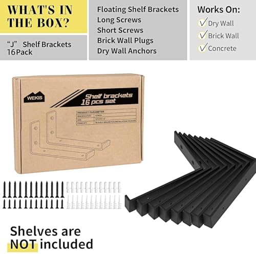 WEKIS Shelf Brackets 12 Inch, Strong Heavy Duty Floating Shelf Brackets Pack of 16, Industrial Metal Iron Matte Black Sh