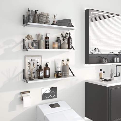 Heimlove Floating Shelves for Wall, 24 Inch Long Wood Floating Shelves Set of 3, Wall Mounted Hanging Shelf for Bathroom