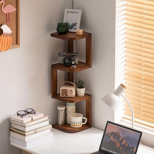 Corner Shelf Stand Desk Organizer,26.8" H Rubberwood Brown Rack for Small Spaces, Bedroom,Home Office,Kitchen,Bathroom (