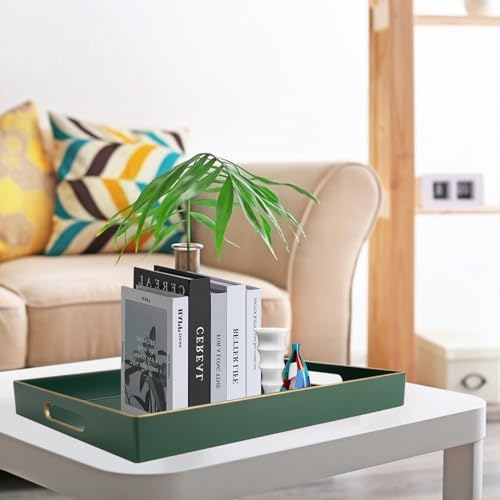 Gifturbo Large Serving Tray with Handles，Green Rectangular Plastic Elegant Decorative Coffee Table Trays for Ottoman, Li