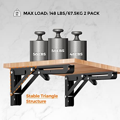 Ravinte Matte Black Folding Shelf Brackets, 10 Inch, 2 Pack