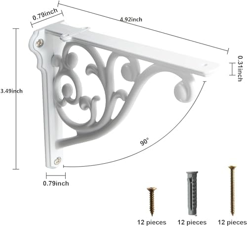 Khtumeware Ornate Decorative Shelf Brackets, 5x3.5 inch Small wall Mounted Shelving Bracket, 2 Pack White Vintage Metal 
