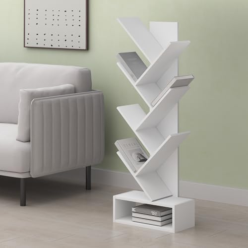 Ipoh Tree Book Shelf, 7-Tier Tree Bookcase, with Bottom Shelf, for Narrow Space, Books, CDs, Magazines, White
