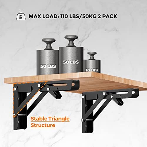 Ravinte Matte Black Folding Shelf Brackets, 8 Inch, 2 Pack