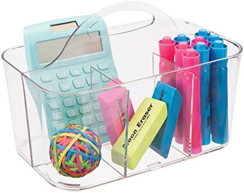 mDesign School Supplies Desk Organizer Tote for Scissors, Pens, Pencils, Notepads, Markers, Highlighters, Tape - Small, Clear