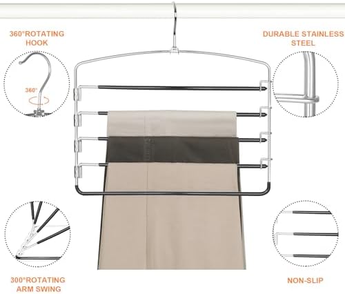 TOPIA HANGER Pant Hangers Space Saving 3 Pack with Non Slip 5 Tiers Hangers