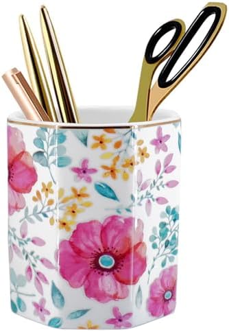 Pen Holder, Makeup Brush Holder Ceramic Shiny Gold Spring Floral Pattern Pencil Cup for Girls Kids Women Durable Stand Desk Organizer Storage Gift for Office, Classroom, Home (Purple Red)