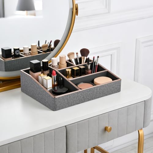 PU Leather Makeup Organizer Tray,Large Vanity Organizer,Cosmetic Storage Box for Lipstick Brushes Skincare Perfume,Cosme