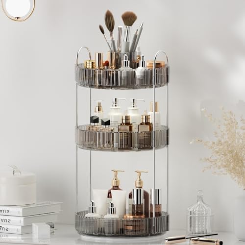 360° Rotating Makeup Organizer, Upgraded 3 Tier Skincare Perfume Organizers for Women, Bathroom Organizer Countertop, Cl