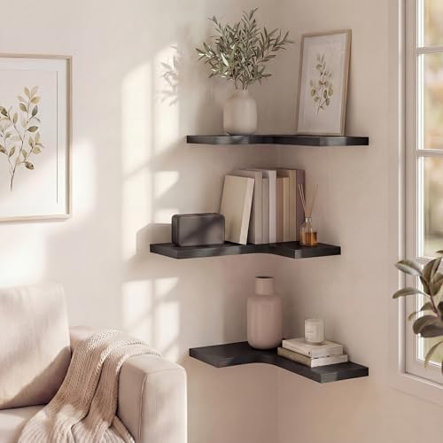 Corner Floating Shelves for Wall Mounted L-Shaped Wood Corner Wall Shelf, Hanging Shelf for Bathroom, Bedroom, Kitchen, 