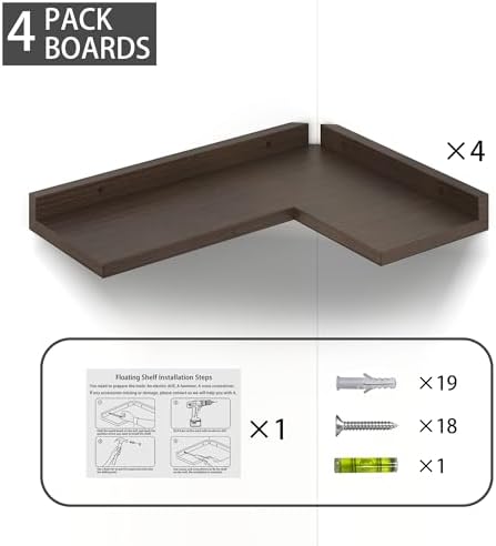 4 Tier Floating Corner Shelves - Set of 4 Rustic Wooden Floating Corner Wall Shelf with Cord Hole, L Shaped Corner Shelf