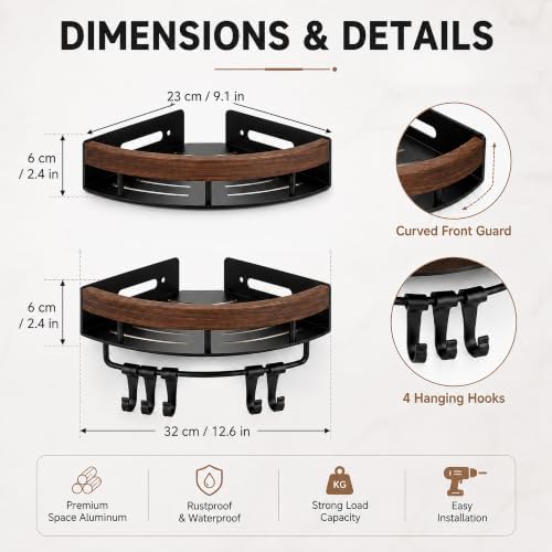 1PC Shower Corner Shelf, Walnut Wood & Stainless Steel Caddy
