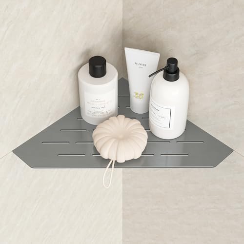 Grey Metal 10 Inch Corner Shower Shelf with Slot Design, 1 Pack