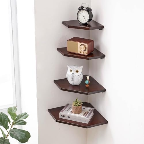 Corner Wall Shelves Set 2 Wire Hole Solid Oak Wood Display Shelf ,Walnut