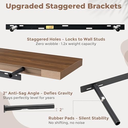 FLYJOE 40 Inch Floating Shelves for Wall Set of 2, 6.5" D Wood Grain Bathroom Shelves with Invisible Brackets, Easy Install Engineered Wood Storage Shelves for Kitchen, Living Room, Bedroom