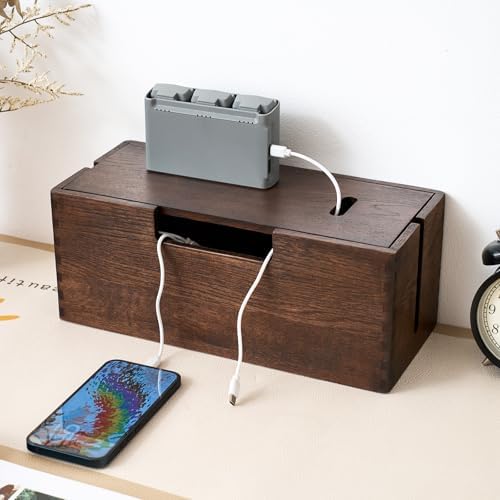 Oak Wood Cable Management Box - Large Cord Hider & Organizer with Magnetic Lid for Desk & Floor Cables in Home Office, L