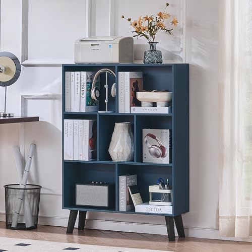 LEYAOYAO Cube Bookshelf, Mid-Century Modern Book Shelf with Legs, Dark Blue