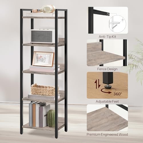 MAHANCRIS 5-Tier Bookshelf, Bookcase, Shelves Organizer for Small Spaces, Storage Shelf Organizer, for Living Room, Bedr