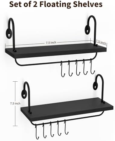 Olakee Floating Wall Shelves for Kitchen Bathroom Coffee Nook with 10 Adjustable Hooks for Mugs Cooking Utensils or Towe
