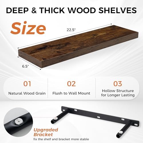 22.5 Inch Floating Shelves for Wall, Rustic Wood Wall Mounted Deep Storage Shelves with Invisible Brackets, Large Decora