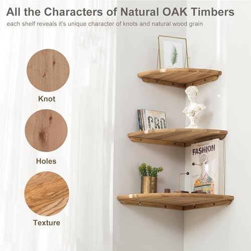 Corner Shelf, Solid Oak Wood Floating Corner Shelf Wall Mount Round End Floating Speaker Shelves with Wire Hole for Smal