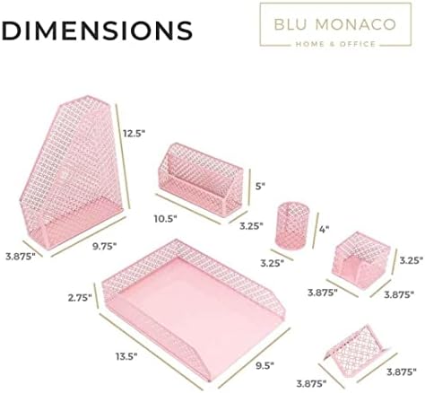 BLU MONACO Pink Desk Organizer Set | 6-Piece Metal Desktop Accessories | Mail Sorter Organizer Countertop | Letter Sorter for Desk | Mesh Pen Holder | Home Office or Dorm