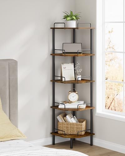 Tajsoon 5 Tier Corner Shelf Stand, Small Corner Table, Rustic Brown
