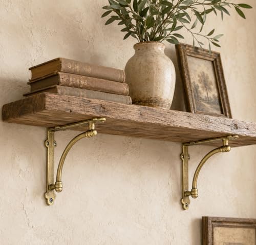 NACH Decorative Shelf Brackets, 2 Pack of 7 x 1.5 x 7 inch Gold Brackets - Cast Iron Shelf Brackets for Mounting - Half 
