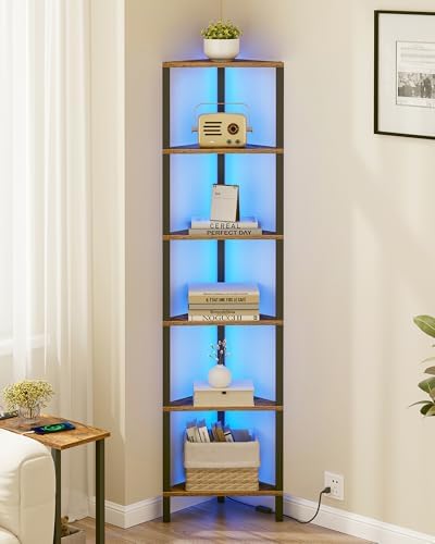 TUTOTAK Corner Shelf with LED Light, 6-Tier Corner Bookshelf