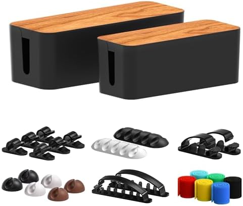 Cable Management Box 2 Pack with 16 Cable Clips Set-Large & Medium & Small Wooden Style Cable Organizer Box to Hide Wire