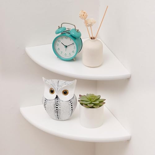 Corner Shelves, Floating Corner Shelf, Set of 2 White Solid Oak Wood Wall Shelves, Round End Wall Mount with Wire Hole S