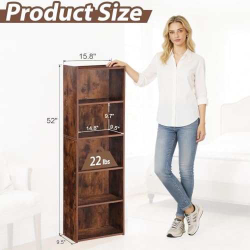 ZENY 5-Tier Shelf Bookcase, Freestanding Wood Storage Display Open Bookshelf for Home Office (Rustic Brown)