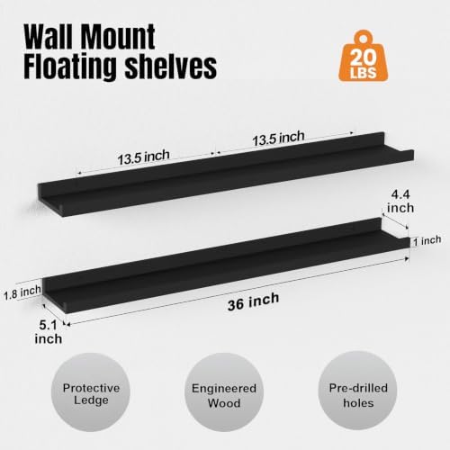 36inch Long Floating Shelves for Wall Decor, 5-Set Shelves with Lip, Black