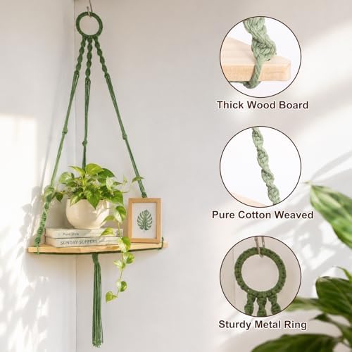 Artilady Macrame Corner Shelf Wall Hanging, Adjust Green Boho Wall Decor