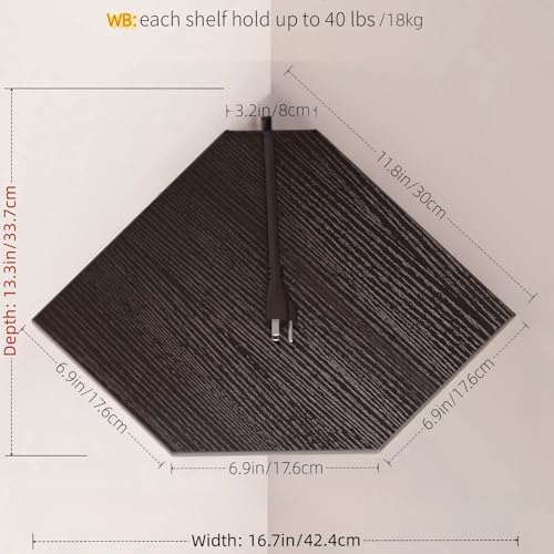 JJL Corner Shelves, 12 Inch Corner Shelf Wall Mounted with Wire Hole, 4 Tier 13.3 Inch Deep Wooden Corner Hanging Shelvi
