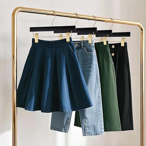 Quality Hangers Black Wooden Pants Hangers - 20-Pack Swivel Hook Cloth Hanger Set - Lotus Wood Skirt, Pant, Shorts and Slack Hangers with Adjustable Clip – Black Clothing Hanger (Gold Hook, 20)