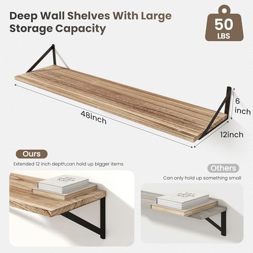 Marsmiles Deep Floating Shelves, 48'' x 12'' Light Wood Shelves Set of 2